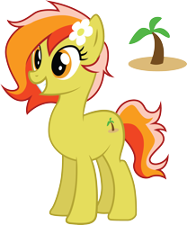 Size: 2246x2697 | Tagged: safe, oc, oc only, earth pony, pony, cutie mark, earth pony oc, eyelashes, female, flower, flower on ear, grin, mare, orange eyes, pine tree, short mane, simple background, smiling, solo, standing, teeth, three toned mane, three toned tail, transparent background, tree, yellow coat