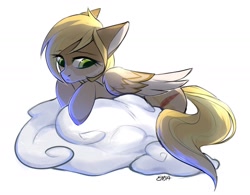 Size: 1749x1361 | Tagged: source needed, safe, artist:enjaadjital, oc, oc only, pegasus, pony, cloud, colored wings, eyebrows, eyebrows visible through hair, female, floppy ears, folded wings, looking down, lying down, lying on a cloud, mare, on a cloud, pegasus oc, prone, simple background, solo, two toned wings, white background, wings