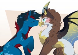 Size: 1100x778 | Tagged: safe, artist:arctic-fox, oc, oc only, oc:eloi nogueira, oc:fengzi diamondfang, pony, boop, duo, kissing, nose kiss, noseboop