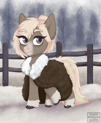 Size: 1800x2200 | Tagged: artist needed, safe, oc, oc only, pony, yakutian horse, brown coat, female, fence, mare, snow, solo, winter