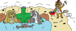 Size: 800x328 | Tagged: safe, artist:anonymous, oc, oc:anon, fish, human, kirin, pony, yakutian horse, abs, barbeque, bipedal, cute, cute little fangs, fangs, food, group, hot springs, lucky bastard, male, ms paint, muscles, muscular male, partially submerged, pecs, stylistic suck, water