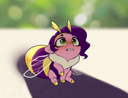 Size: 2000x1545 | Tagged: safe, artist:jewellier, derpibooru exclusive, pipp petals, bee, bee pony, bumblebee, hybrid, insect, original species, pony, g5, adorapipp, antennae, blushing, bumblebipp, chest fluff, chibi, cute, female, insect wings, looking at something, looking up, nervous, offscreen character, phallic shadow, pipp is short, pipp is smol, sitting, smol, solo, species swap, wings