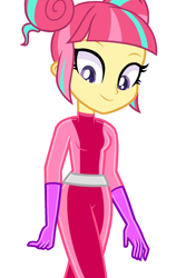 Size: 2660x3980 | Tagged: safe, artist:skyfallfrost, sour sweet, human, equestria girls, g4, base used, bodysuit, catsuit, clothes, latex, latex suit, looking down, simple background, solo, totally spies, walking, white background