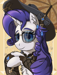 Size: 1798x2340 | Tagged: safe, artist:raritymylove, rarity, pony, unicorn, g4, chest fluff, clothes, cosplay, costume, ear fluff, genshin impact, giant hat, hat, horn, jewelry, looking at you, navia (genshin impact), solo, sunglasses, umbrella