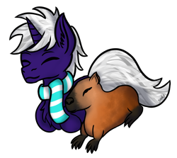 Size: 2328x2076 | Tagged: safe, artist:sroka001, oc, oc only, oc:night blaze, capybara, pony, unicorn, animal, clothes, horn, lying down, male, male oc, ponyloaf, prone, purple coat, relaxing, scarf, simple background, solo, stallion, striped scarf, transparent background, white mane