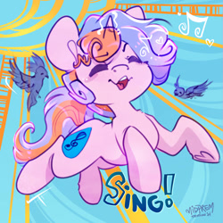 Size: 894x894 | Tagged: safe, artist:midnightpremiere, oc, oc only, oc:dew song, bird, sparrow, unicorn, eyes closed, flying, horn, jumping, music notes, open mouth, patterned background, singing, solo, sun, teeth