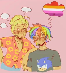 Size: 3640x4016 | Tagged: safe, artist:flutternutters, rainbow dash, zephyr breeze, hedgehog, human, g4, annoyed, clothes, cross-popping veins, duo, duo male and female, emanata, female, flirting, humanized, lesbian pride flag, male, one sided shipping, open mouth, pink background, pride, pride flag, shirt, shorts, simple background, sonic the hedgehog, sonic the hedgehog (series), speech bubble, stubble, sweat, sweatdrop, t-shirt, thought bubble, vitiligo