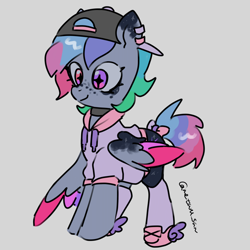 Size: 4096x4096 | Tagged: safe, artist:metaruscarlet, oc, oc only, oc:galaxy (pegasus), pegasus, pony, backwards ballcap, baseball cap, cap, clothes, collar, ear piercing, earring, freckles, gray background, hat, heterochromia, hoodie, jewelry, pegasus oc, piercing, redesign, ribbon, shoes, simple background, socks, solo, spotted, wings