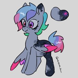 Size: 4096x4096 | Tagged: safe, artist:metaruscarlet, oc, oc only, oc:galaxy (pegasus), pegasus, pony, freckles, gray background, heterochromia, pegasus oc, redesign, simple background, solo, spotted, wings