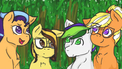 Size: 1600x900 | Tagged: safe, artist:crystalpony32, oc, oc only, oc:ambrosia honeycrisp, oc:dawn (crystalpony32), oc:jasper (crystalpony32), oc:novissima una, dracony, earth pony, hybrid, pegasus, pony, g4, bust, chest fluff, colt, female, filly, foal, forest, glasses, group, horns, interspecies offspring, male, nature, next generation, offspring, open mouth, open smile, parent:applejack, parent:cheese sandwich, parent:flash sentry, parent:pinkie pie, parent:rarity, parent:spike, parent:trenderhoof, parent:twilight sparkle, parents:cheesepie, parents:flashlight, parents:sparity, parents:trenderjack, smiling, tree