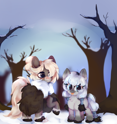 Size: 568x600 | Tagged: safe, artist:anonymous, oc, oc only, pony, yakutian horse, duo, open mouth, open smile, outdoors, smiling, snow, tree, winter