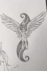 Size: 2127x3203 | Tagged: safe, artist:p1elemuisje, twilight sparkle, alicorn, pony, g4, bipedal, black and white, female, floating, flying, glowing, glowing horn, grayscale, hair, horn, large wings, magic, magic aura, monochrome, signature, solo, spread wings, straight hair, traditional art, twilight sparkle (alicorn), wings