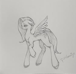 Size: 1679x1629 | Tagged: safe, artist:p1elemuisje, fluttershy, pegasus, pony, g4, black and white, cute, floppy ears, grayscale, hoof polish, long legs, looking down, monochrome, pencil drawing, sad, sadorable, signature, solo, spread wings, traditional art, wings