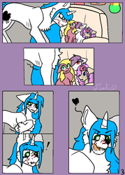 Size: 750x1050 | Tagged: safe, artist:deadsmoke, oc, oc only, oc:snowflake white, earth pony, pony, unicorn, comic:a hearty snack, commission, drool, female, heart, horn, hungry, imminent vore, licking, licking lips, male, malnourished, mare, nervous, skinny, sniffing, stallion, starving, stomach noise, thin, tongue out