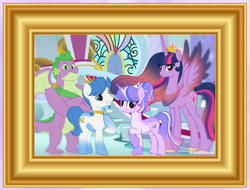 Size: 1802x1368 | Tagged: safe, artist:lovinglypromise, spike, twilight sparkle, oc, oc:astral shine, oc:misty petal, alicorn, dragon, pony, unicorn, g4, adult, adult spike, canon x oc, female, gigachad spike, horn, male, mare, offspring, older, older spike, older twilight, older twilight sparkle (alicorn), parent:oc:astral shine, parent:twilight sparkle, parents:canon x oc, picture frame, princess twilight 2.0, stallion, twilight sparkle (alicorn), winged spike, wings