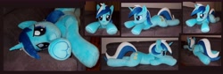 Size: 9224x3112 | Tagged: safe, artist:calusariac, minuette, pony, unicorn, absurd resolution, horn, irl, lying down, multiple views, photo, plushie, prone, solo