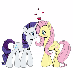 Size: 2600x2600 | Tagged: safe, artist:bunnyweinberger, fluttershy, rarity, pegasus, pony, unicorn, g4, blushing, duo, duo female, eyeshadow, female, floating heart, folded wings, heart, high res, horn, lesbian, looking at each other, looking at someone, makeup, mare, narrowed eyes, open mouth, profile, raised hoof, ringlets, ship:flarity, shipping, simple background, smiling, surprised, walking, white background, wings