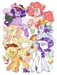 Size: 1536x1998 | Tagged: safe, artist:sharpycharot, applejack, fluttershy, pinkie pie, rainbow dash, rarity, twilight sparkle, alicorn, butterfly, classical unicorn, pegasus, pony, unicorn, g4, 3d cutie mark, :p, ahoge, alternate hairstyle, ankle wings, apple, apple slice, applejack's hat, big crown thingy, blush lines, blush scribble, blush sticker, blushing, book, bow, bowtie, chest fluff, cloud, cloven hooves, coat markings, colored eartips, colored eyelashes, colored hooves, colored pinnae, colored wings, colored wingtips, cowboy hat, ear fluff, element of magic, eyebrow slit, eyebrows, eyeshadow, facial markings, female, floppy ears, folded wings, food, freckles, glasses, hat, heart blush, hooves, horn, horseshoes, jewelry, leg freckles, leg markings, leonine tail, levitation, magic, magic aura, makeup, mane six, mare, one wing out, pink eyelashes, pocket mirror, purple eyeshadow, regalia, roller skates, round glasses, scar, shiny hooves, short hair rainbow dash, short hair twilight sparkle, shoulder freckles, simple background, skates, small hooves, socks (coat markings), sparkles, sparkly mane, sparkly tail, spread wings, standing, star (coat marking), tail, tail bow, telekinesis, tongue out, twilight sparkle (alicorn), unshorn fetlocks, white background, winged hooves, wings