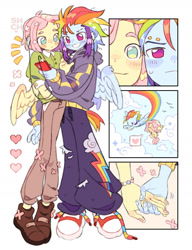 Size: 1530x1988 | Tagged: safe, artist:sharpycharot, fluttershy, rainbow dash, bird, human, pony, g4, alternate hairstyle, bead bracelet, blush lines, blushing, boots, bracelet, button-up shirt, cellphone, clothes, cloud, converse, duo, duo female, earbuds, emanata, eyebrow piercing, eyebrow slit, eyebrows, female, flight trail, flower, flower in hair, freckles, freckleshy, heart, holding hands, hoodie, humanized, jewelry, lesbian, nail polish, on a cloud, open mouth, open smile, pants, phone, piercing, ponied up, pride, pride flag, sharing earbuds, ship:flutterdash, shipping, shirt, shoelace, shoes, short hair fluttershy, short hair rainbow dash, simple background, sitting, sitting on a cloud, smiling, sneakers, spakles, speech bubble, sweat, sweatdrop, swept-back hair, tail, tailed humanization, transgender pride flag, white background, winged humanization, wings