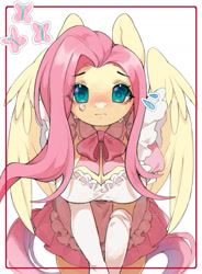 Size: 1200x1629 | Tagged: safe, artist:aniimoni, fluttershy, pegasus, anthro, g4, apron, blush lines, blushing, bowing, breasts, busty fluttershy, clothes, crying, dress, eye clipping through hair, eyebrows, eyebrows visible through hair, eyelashes, frilly dress, frown, gloves, long gloves, looking at you, maid, neck bow, partially open wings, pink bow, pink dress, puffy sleeves, shiny eyes, solo, teal eyes, white gloves, wings