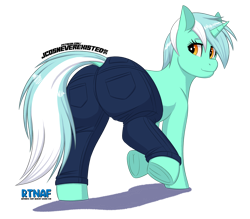 Size: 4093x3583 | Tagged: safe, artist:jcosneverexisted, lyra heartstrings, pony, unicorn, g4, butt, clothes, denim, female, frog (hoof), horn, jeans, looking back, lyrebutt, mare, pants, plot, presenting, simple background, solo, transparent background, underhoof