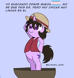 Size: 1958x2048 | Tagged: safe, artist:eltrash_art6, oc, oc only, oc:trashy milk, pony, unicorn, bipedal, blue background, boat, clothes, cosplay, costume, crossover, female, hat, horn, mare, monkey d. luffy, one piece, pride, pride flag, salute, scar, shirt, simple background, spanish, spanish text, straw hat, transgender pride flag, translated in the description