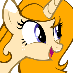 Size: 512x512 | Tagged: safe, artist:trixxiefloof, edit, oc, oc only, oc:jean sprinkle, pony, unicorn, g4, base used, bust, close-up, colored eartips, cream coat, eyelashes, freckles, horn, lipstick, open mouth, open smile, orange hair, purple eyes, simple background, smiling, solo, transparent background, unicorn horn, unicorn oc, white lipstick, zoomed in