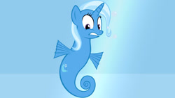 Size: 1024x576 | Tagged: useless source url, safe, artist:navitaserussirus, trixie, sea pony, g4, bubble, fins, flowing mane, gradient background, gritted teeth, looking at self, looking down, no source available, ocean, solo, species swap, swimming, teeth, underwater, water