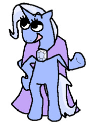 Size: 318x419 | Tagged: safe, artist:fragonreal, trixie, pony, unicorn, g4, bipedal, cape, clothes, eyebrows, eyebrows visible through hair, floating eyebrows, hat, hoof on hip, horn, lidded eyes, open mouth, open smile, pixel-crisp art, simple background, smiling, solo, standing, trixie's cape, trixie's hat, white background