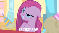 Size: 300x168 | Tagged: safe, edit, edited screencap, screencap, madame leflour, pinkie pie, sir lintsalot, earth pony, pony, g4, party of one, season 1, caption, eyebrows, female, hat, image macro, is that so, mare, party hat, pinkamena diane pie, raised eyebrow, reaction image, smiling, text, trio