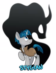 Size: 1562x2048 | Tagged: safe, artist:luximus17, pony of shadows, stygian, pony, unicorn, g4, cloak, clothes, duo, duo male, horn, looking back, male, simple background, stallion, white background