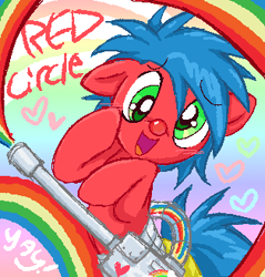 Size: 314x329 | Tagged: safe, artist:muffinz, oc, oc only, oc:red circle, earth pony, pony, clothes, clown, clown nose, gradient background, joke oc, machine, pants, pixel-crisp art, rainbow, rainbow background, rainbow gun, red nose, solo