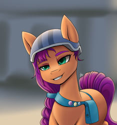 Size: 1500x1600 | Tagged: safe, artist:zachc, sunny starscout, earth pony, pony, g5, my little pony: a new generation, blurry background, braid, braided ponytail, female, helmet, lidded eyes, mare, ponytail, scene interpretation, scrunchie, smiling, solo, sunny's bag