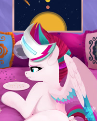 Size: 1470x1825 | Tagged: safe, artist:darksly, zipp storm, pegasus, pony, g5, bed, blanket, body pillow, body pillow design, butt, cropped, crumbs, dock, female, hoof heart, mare, pillow, plate, plot, rad-visor, solo, tail, underhoof, visor