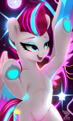 Size: 1483x2439 | Tagged: safe, artist:darksly, zipp storm, pegasus, pony, g5, armpits, belly, belly button, bipedal, blushing, body pillow, body pillow design, chest fluff, eyeshadow, female, glow in the dark, glowing, glowing hooves, hoof heart, human shoulders, humanoid torso, makeup, mare, open mouth, ribcage, solo, underhoof, unshorn fetlocks