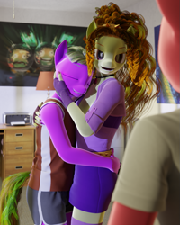 Size: 793x991 | Tagged: safe, artist:stellarator, adagio dazzle, oc, oc:juicebox, oc:peach cobbler, anthro, unguligrade anthro, comic:we will be adored, comic:we will be adored part 61, g4, 3d, blender, blender cycles, comic, cute, hug, not sfm, trio