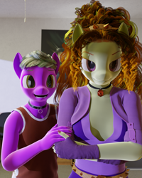 Size: 1017x1271 | Tagged: safe, artist:stellarator, adagio dazzle, oc, oc:peach cobbler, anthro, unguligrade anthro, comic:we will be adored, comic:we will be adored part 61, g4, 3d, blender, blender cycles, comic, crossed arms, cute, duo, duo male and female, female, male, not sfm