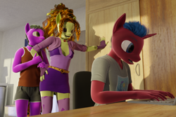 Size: 1350x900 | Tagged: safe, artist:stellarator, adagio dazzle, oc, oc:juicebox, oc:peach cobbler, anthro, unguligrade anthro, comic:we will be adored, comic:we will be adored part 61, g4, 3d, blender, blender cycles, comic, computer, cute, laptop computer, not sfm, trio