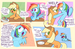 Size: 2102x1397 | Tagged: safe, artist:doodlesinky, applejack, rainbow dash, earth pony, pegasus, pony, g4, bromance, cake, comic, dialogue, duo, duo female, fail, female, fluttering, flying, food, fork, glaze, implied lesbian, implied shipping, knife, lesbian, mare, ship:appledash, shipping, speech bubble, sweat