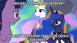 Size: 1066x600 | Tagged: safe, edit, edited screencap, editor:twi clown, screencap, princess celestia, princess luna, twilight sparkle, alicorn, pony, g4, my little pony: friendship is magic, the summer sun setback, caption, female, image macro, mare, text, trio, trio female, twilight sparkle (alicorn), we don't normally wear clothes