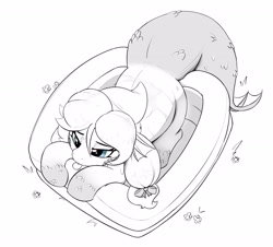 Size: 3728x3373 | Tagged: safe, artist:pabbley, oc, oc only, oc:marina, merpony, pony, commission, female, high res, kiddie pool, mare, nudity, overhead view, partial color, pigtails, simple background, solo, sweat, tongue out, twintails, white background