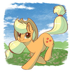 Size: 800x802 | Tagged: safe, artist:maravor, applejack, earth pony, pony, g4, applejack's hat, cloud, cowboy hat, cute, ear fluff, female, freckles, hairband, hat, jackabetes, mare, sky, smiling, solo, tail, tail band