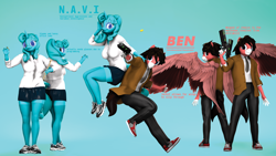 Size: 3840x2160 | Tagged: safe, artist:sorencreatesthings, oc, oc only, oc:ben (sorencreatesthings), oc:n.a.v.i (sorencreatesthings), pegasus, unicorn, anthro, 3d, clothes, duo, female, gradient background, horn, male, mare, meganekko, office lady, reference sheet, skirt, stallion