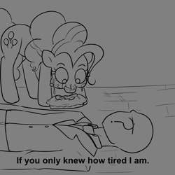 Size: 1155x1155 | Tagged: safe, artist:this_sl0th, pinkie pie, oc, oc:anon, earth pony, pony, g4, cheek bulge, dialogue, duo, duo male and female, eating, female, food, looking down, lying down, lying on the floor, male, mare, messy eating, on back, on floor, pie, unamused