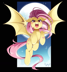 Size: 1750x1860 | Tagged: safe, artist:nekoshiei, fluttershy, bat pony, pegasus, pony, g4, action pose, bat ponified, bat wings, blushing, commission, cute, cute little fangs, fangs, female, floppy ears, flutterbat, flying, full moon, hooves to the chest, jumping, looking at you, moon, night, night sky, open mouth, passepartout, pounce, race swap, red eyes, sky, smiling, solo, spread wings, starry night, stars, wings
