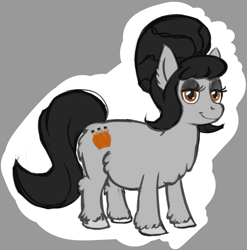 Size: 988x1001 | Tagged: safe, artist:anonymous, oc, oc only, earth pony, pony, belly fluff, black mane, black tail, brown eyes, butt fluff, colored hooves, ear fluff, eyelashes, gray background, gray coat, gray hooves, hock fluff, hooves, lidded eyes, looking at you, outline, plump, simple background, smiling, smiling at you, solo, standing, tail, unshorn fetlocks