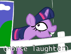 Size: 256x196 | Tagged: safe, artist:this_sl0th, twilight sparkle, pony, unicorn, g4, faic, female, fence, horn, horses doing horse things, laughing, mare, open mouth, smiling, solo