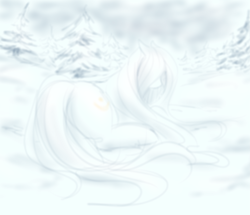 Size: 2909x2500 | Tagged: safe, artist:anonymous, oc, oc only, oc:cirrus wisp, pony, yakutian horse, outdoors, snow, solo, tree, white coat, white mane, winter