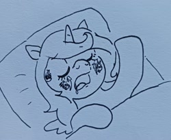 Size: 2048x1676 | Tagged: safe, artist:pony quarantine, oc, oc only, oc:dyx, oc:nyx, alicorn, pony, eyes closed, female, filly, foal, lying down, on back, open mouth, pillow, prank, sheet, sleeping, solo