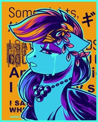 Size: 3277x4096 | Tagged: safe, artist:poxy_boxy, rainbow dash, pegasus, pony, g4, clothes, crying, dress, female, gala dress, lidded eyes, looking at you, mare, simple background, solo, text, yellow background